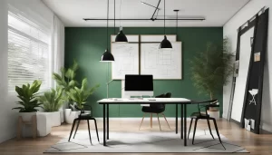 Sala de escritório moderna com mesa de reunião, cadeiras de couro preto, quadro branco com gráficos de OKR, plantas verdes e janelas amplas.