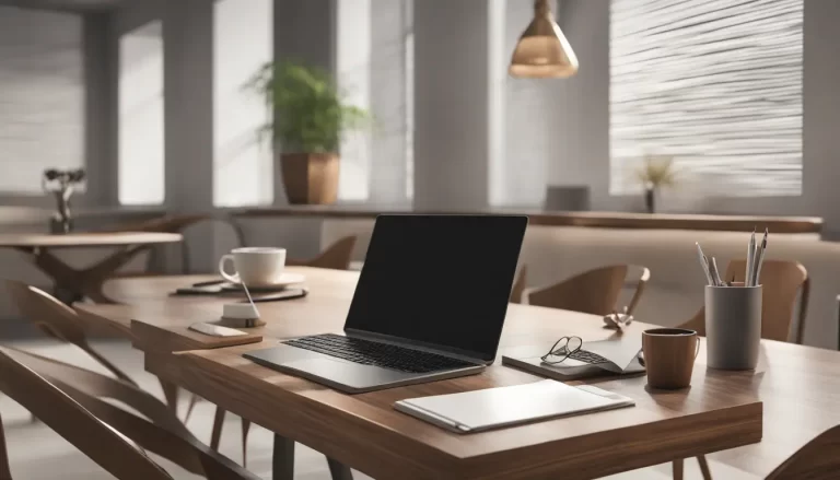 Imagem de mesa de escritório com laptop, gráficos, documentos e xícara de café, simbolizando planejamento estratégico e definição de objetivos empresariais.