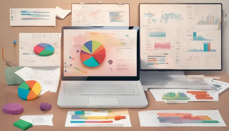 Imagem de uma mesa de escritório com diagrama de OKR, gráficos, papéis de planejamento e laptop com interface de PMO, representando a conexão entre estratégia e execução.