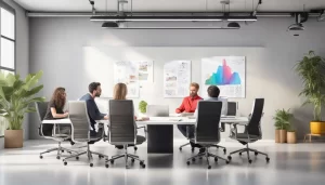 Grupo de cinco pessoas de negócios discutindo planejamento estratégico em uma sala de conferência moderna com gráficos, laptops e quadro branco.