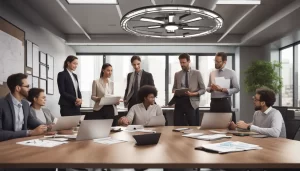 Reunião de planejamento estratégico com seis pessoas em torno de uma mesa redonda com laptops e documentos.