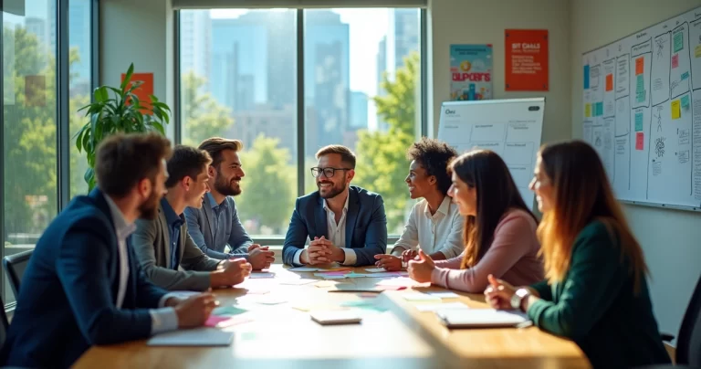 Ambiente de escritório vibrante com profissionais discutindo a metodologia OKR em um ambiente colaborativo.