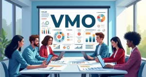 Mesa de escritório com profissionais discutindo gráficos e planos estratégicos