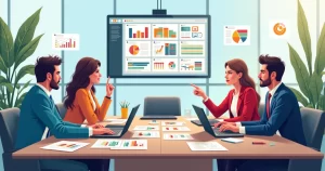 Profissionais em reunião colaborativa analisando gráficos e planejando estratégias empresariais