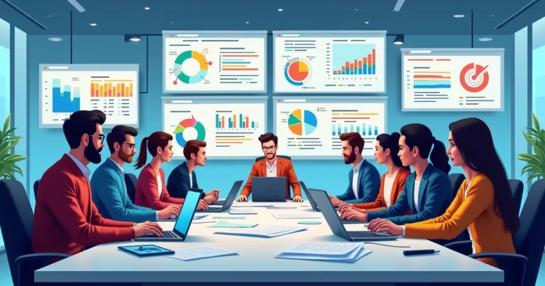 Equipe diversa reunida em escritório moderno trabalhando na implementação de PMO com gráficos e planejamento estratégico na tela