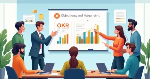 Ilustração de quadro branco com metas e gráficos de OKRs em uma reunião corporativa