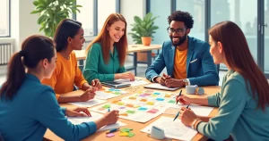 Equipe multidisciplinar reunida em torno de mesa com post-its e protótipos de projeto