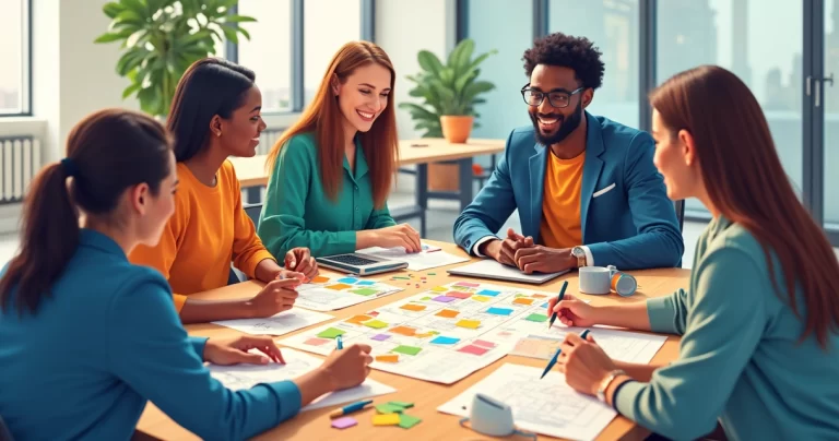 Equipe multidisciplinar reunida em torno de mesa com post-its e protótipos de projeto
