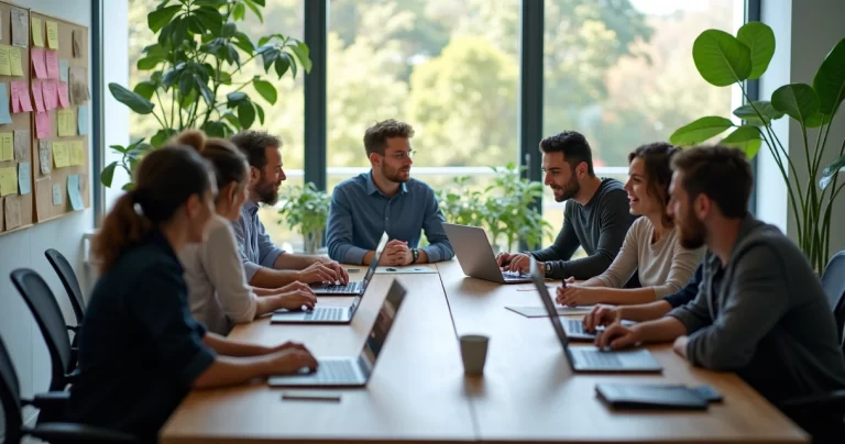 Equipe de profissionais trabalhando colaborativamente em ambiente de escritório moderno e flexível