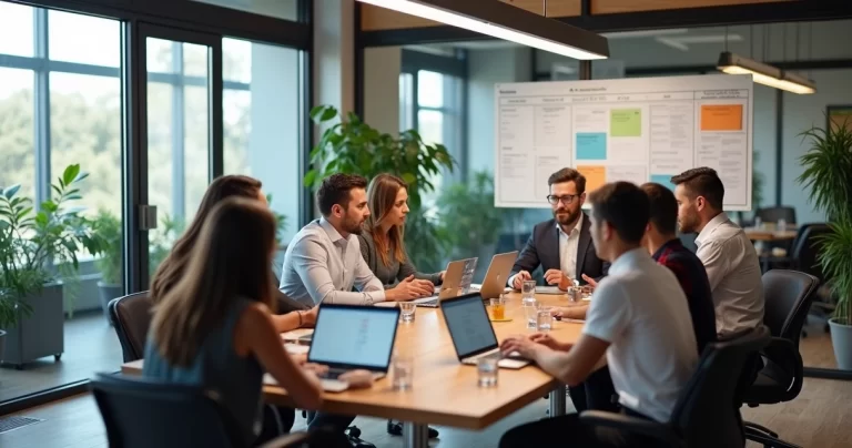Equipe colaborativa reunida em ambiente moderno com quadros Kanban e Scrum ao fundo