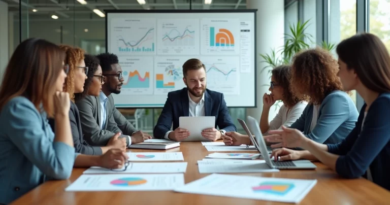 Equipe de negócios discutindo indicadores e metas estratégicas em reunião moderna