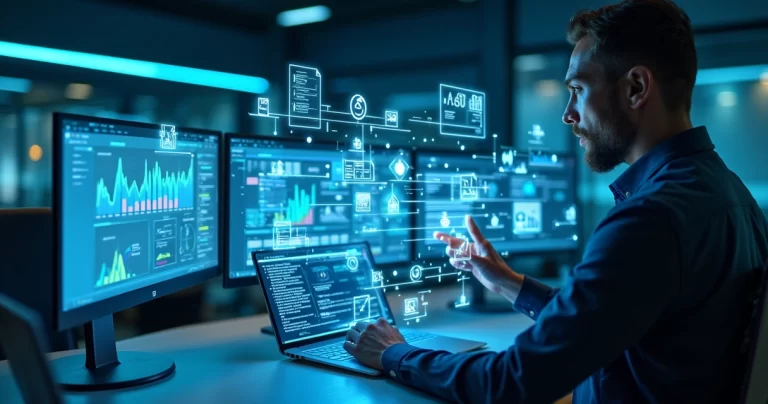 Agente de inteligência artificial analisando gráficos e documentos digitais em tela holográfica