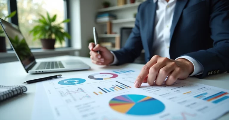 Pessoa analisando gráficos e documentos estratégicos em mesa de escritório moderna