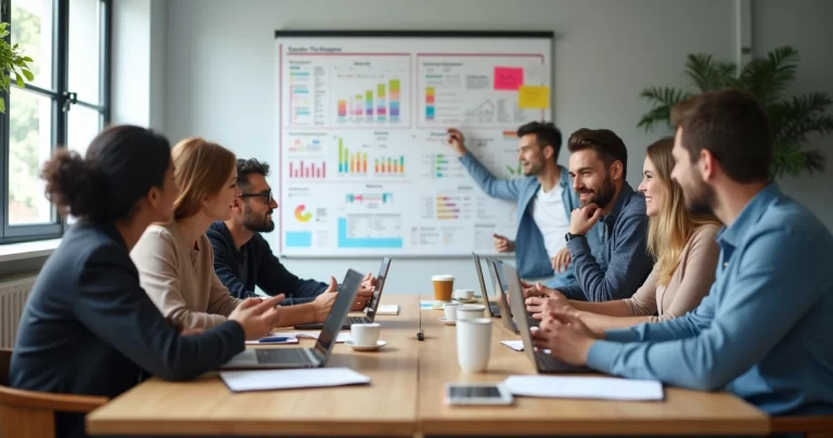 Equipe reunida em sala moderna com quadro branco e gráficos de OKR ao fundo