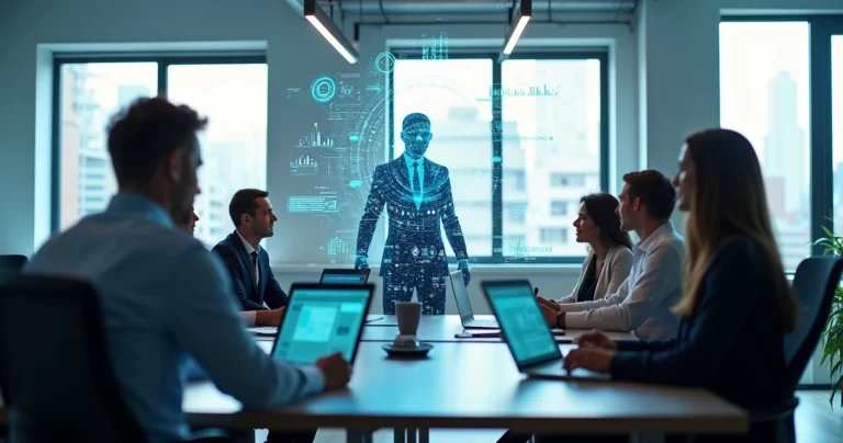 Agente de inteligência artificial auxiliando equipe empresarial em escritório moderno