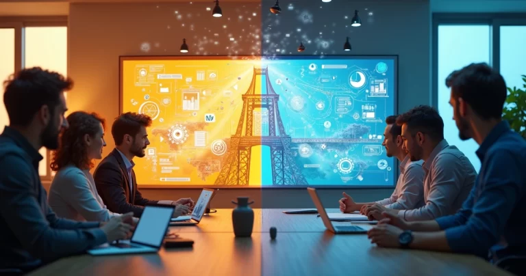 Representação visual da transição entre gestão tradicional e gestão ágil com gráficos, pessoas colaborando e conexão digital