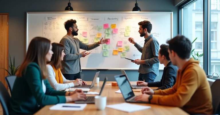 Equipe reunida em workshop colaborativo de Lean Inception com notas e diagramas em quadro branco