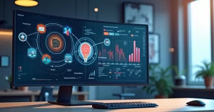 Tela de computador exibindo gráficos de automação empresarial e fluxo integrado de processos com ícones de AI e RPA