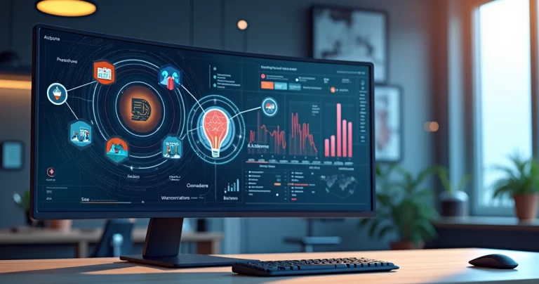 Tela de computador exibindo gráficos de automação empresarial e fluxo integrado de processos com ícones de AI e RPA