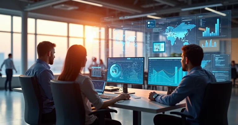 Ambiente moderno de escritório com equipe usando tecnologia de inteligência artificial para automação e análise de dados