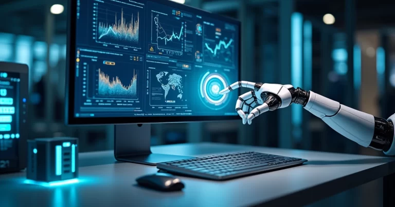 Tela de computador mostrando dashboards com gráficos e indicadores, ao lado robô digital interagindo com ícones de automação e inteligência artificial em escritório moderno