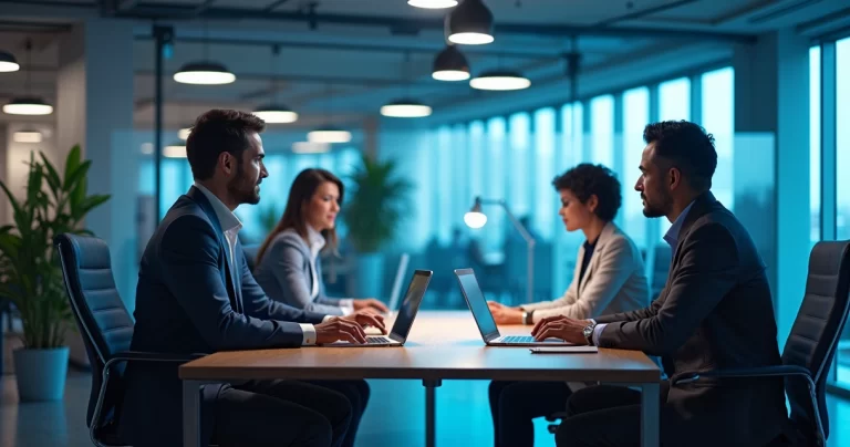 Ambiente corporativo moderno com equipe trabalhando usando tecnologia de inteligência artificial e automação digital