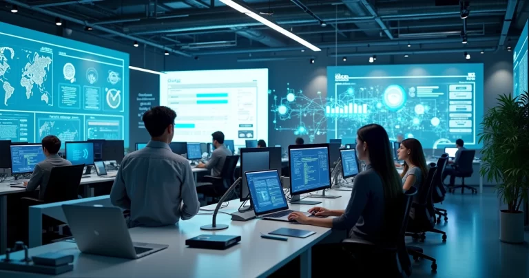 Ambiente de escritório moderno com telas mostrando automação e inteligência artificial integradas à operação