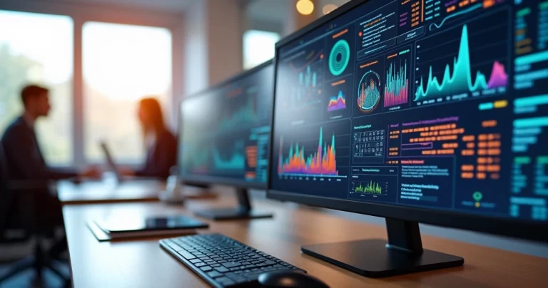 Computador mostrando dashboard com gráficos de automação e inteligência artificial em ambiente de escritório moderno