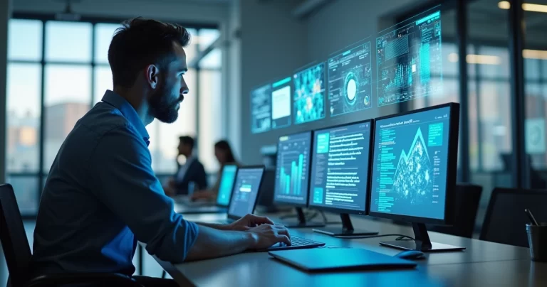 Profissional analisando gráficos e fluxos de trabalho em múltiplas telas digitais em escritório moderno