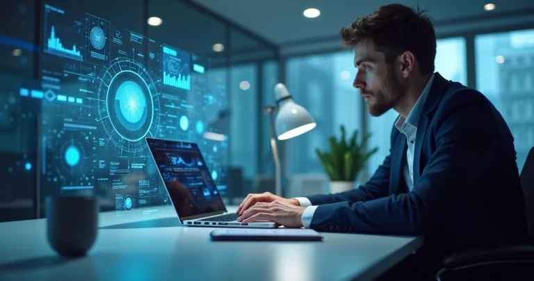 Consultor trabalhando em laptop com interface digital de inteligência artificial e gráficos de dados ao fundo