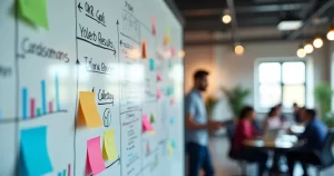 Quadro branco com metas OKR escritas à mão, gráficos e ícones de estratégia e crescimento ao redor