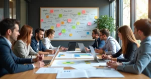 Equipe em reunião planejando definição de projetos com gráficos e anotações detalhadas