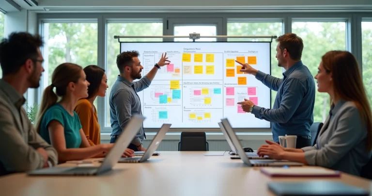 Equipe reunida em sala moderna discutindo metas e resultados estratégicos em quadro branco