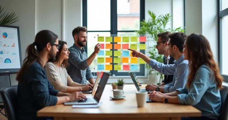 Equipe colaborando em reunião com quadro Kanban ao fundo em ambiente corporativo moderno