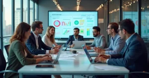 Equipe de profissionais reunida em sala moderna, discutindo plano de gestão de projetos com laptops e gráficos digitais