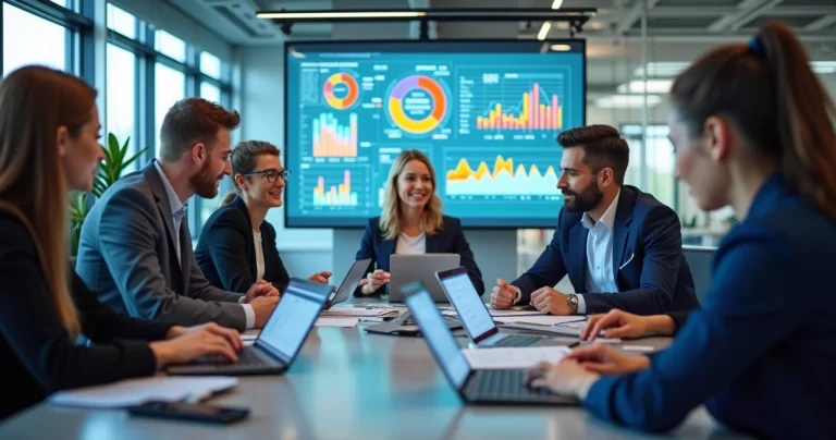 Equipe de profissionais em reunião estratégica digital com telas e gráficos de gestão de projetos