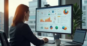 Pessoa coordenando um projeto em computador com gráficos, fluxos de trabalho e ícones de tecnologia ágil em ambiente de escritório moderno