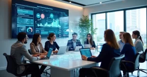Profissionais em reunião colaborativa com gráficos e tecnologia à frente, simbolizando inovação e estratégia empresarial