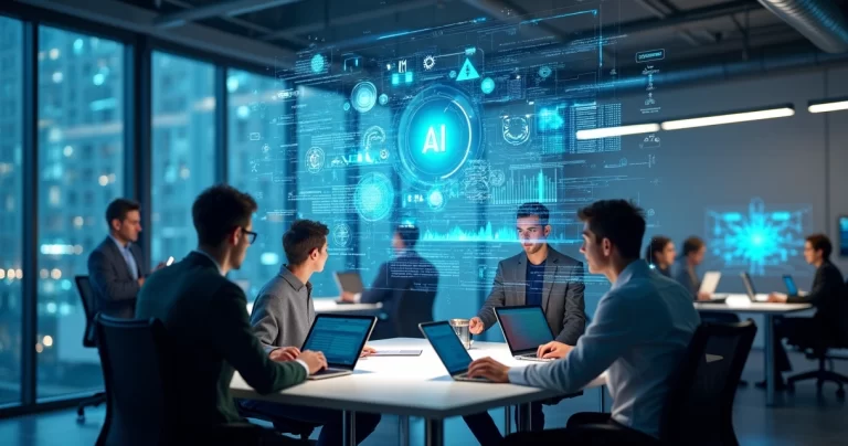 Sistema de inteligência artificial analisando dados em telas digitais em ambiente corporativo moderno