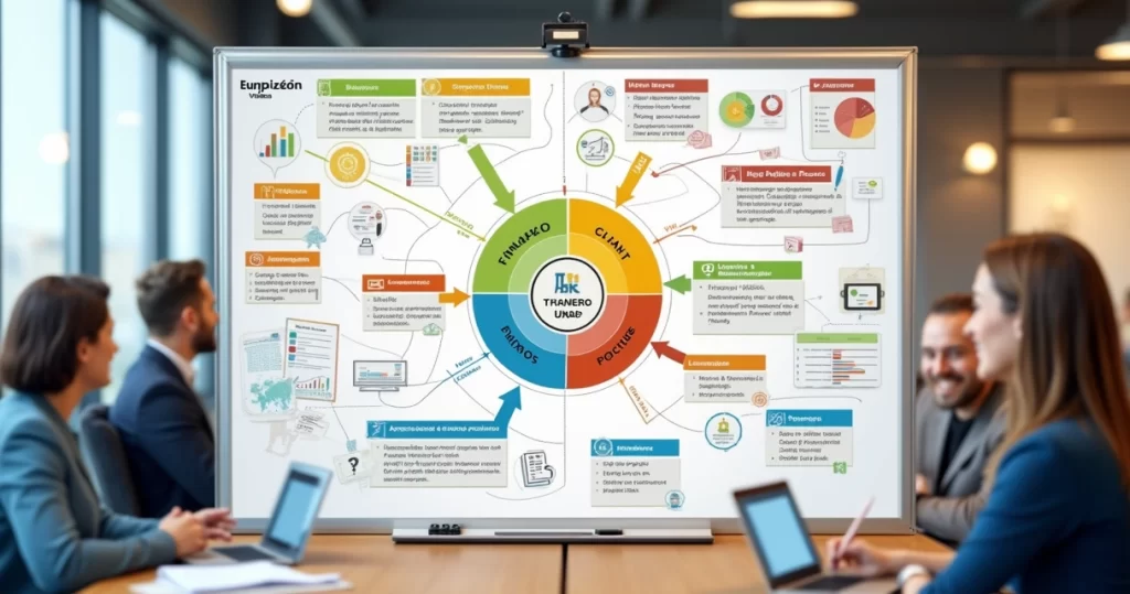 Quadro com diagrama de mapa estratégico mostra os quatro pilares: financeiro, clientes, processos internos e aprendizado, com setas indicando relações de causa e efeito e metas organizadas