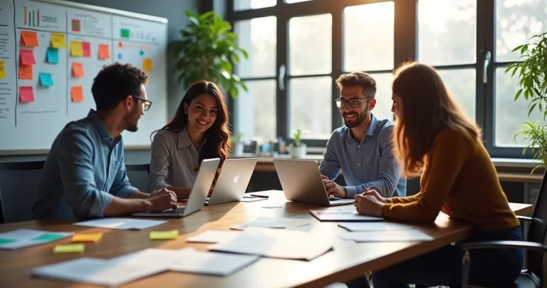 Equipe reunida em torno de uma mesa com post-its coloridos e laptops, planejando estratégias ágeis