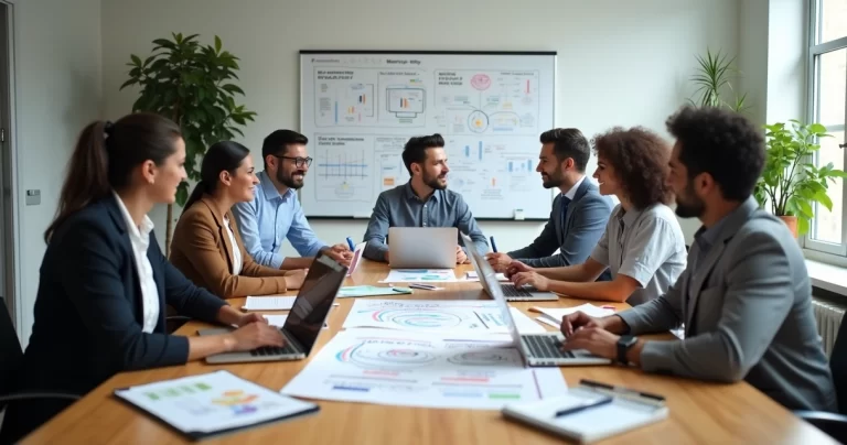 Equipe de profissionais em reunião estratégica com gráficos e laptops sobre mesa