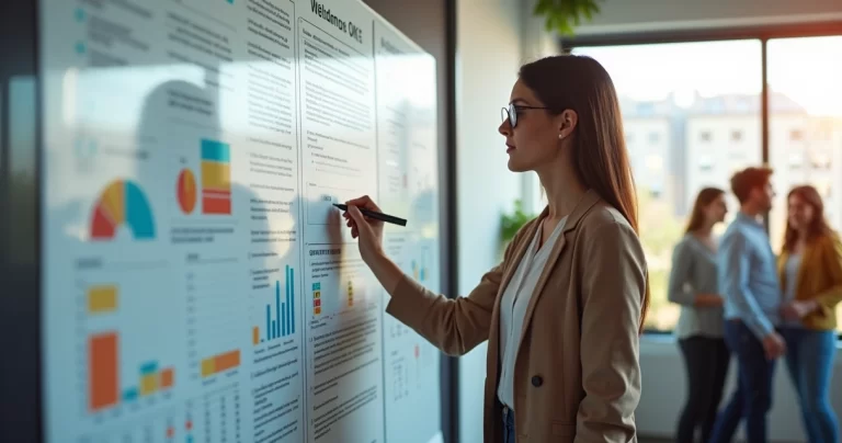 Pessoa escrevendo OKRs em quadro branco com gráficos e metas visíveis