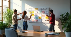 Quadro Kanban físico colorido com cartões organizando tarefas em ambiente de escritório moderno